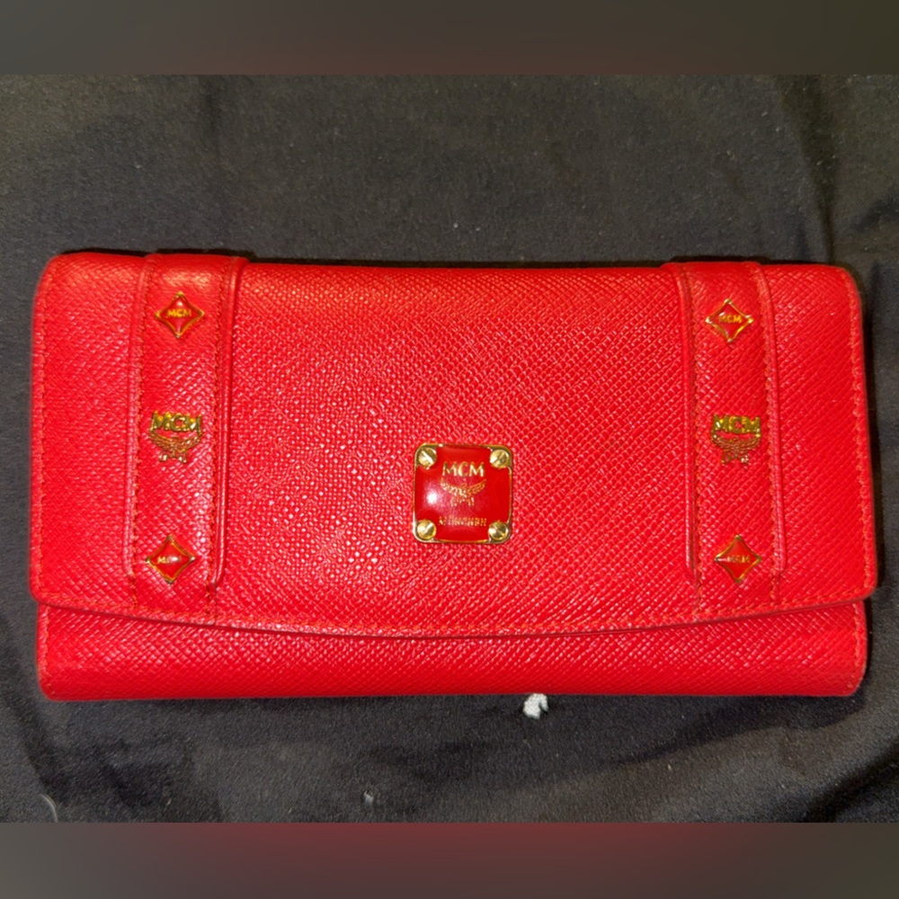 MCM Red Leather Wallet with Gold Details